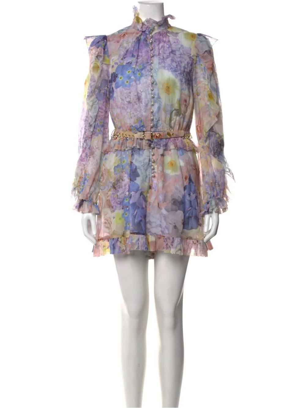 Zimmermann Pastel Floral Ruffle Romper - Lavender & Yellow Mix